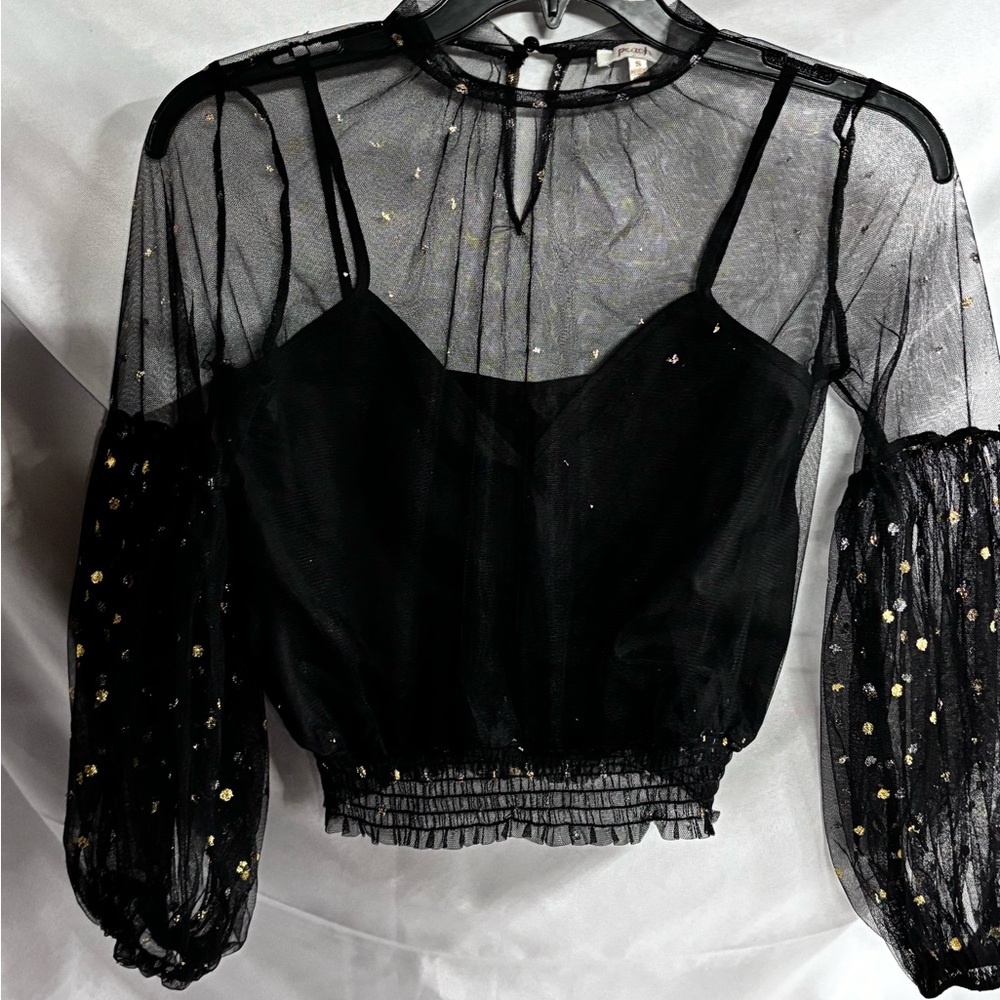 Peach‎ Couture Black Sheer Blouse with Gold Highlights